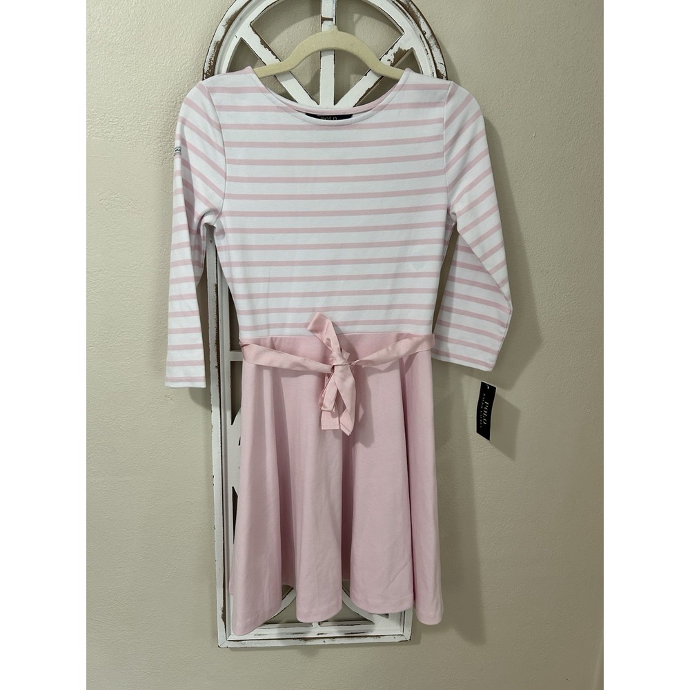 Polo Ralph Lauren Girls XL 16 Pink Stripe Long Sleeve Dress Belt NWT